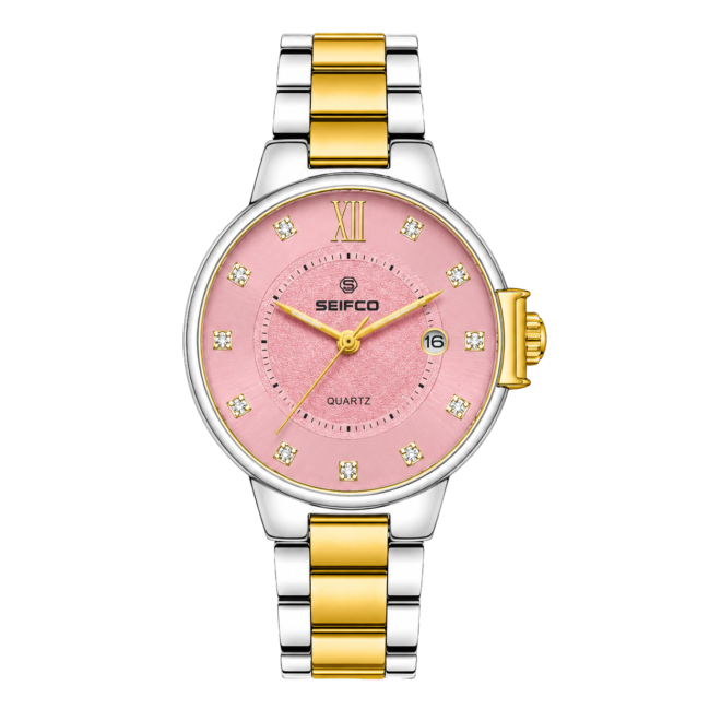 SEIFCO Classic Men's Stainless Steel Quartz Watch, Pink Dial, Silver Gold