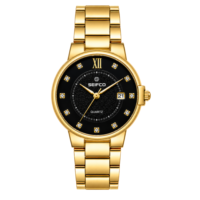 SEIFCO Classic Men's Stainless Steel Quartz Watch, Black Dial,  Gold