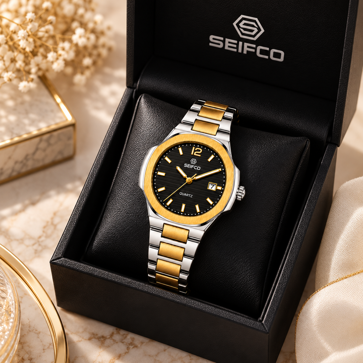 SEIFCO Classic Women Stainless Steel Quartz Watch, Black Dial, Silver Gold - الصورة 4