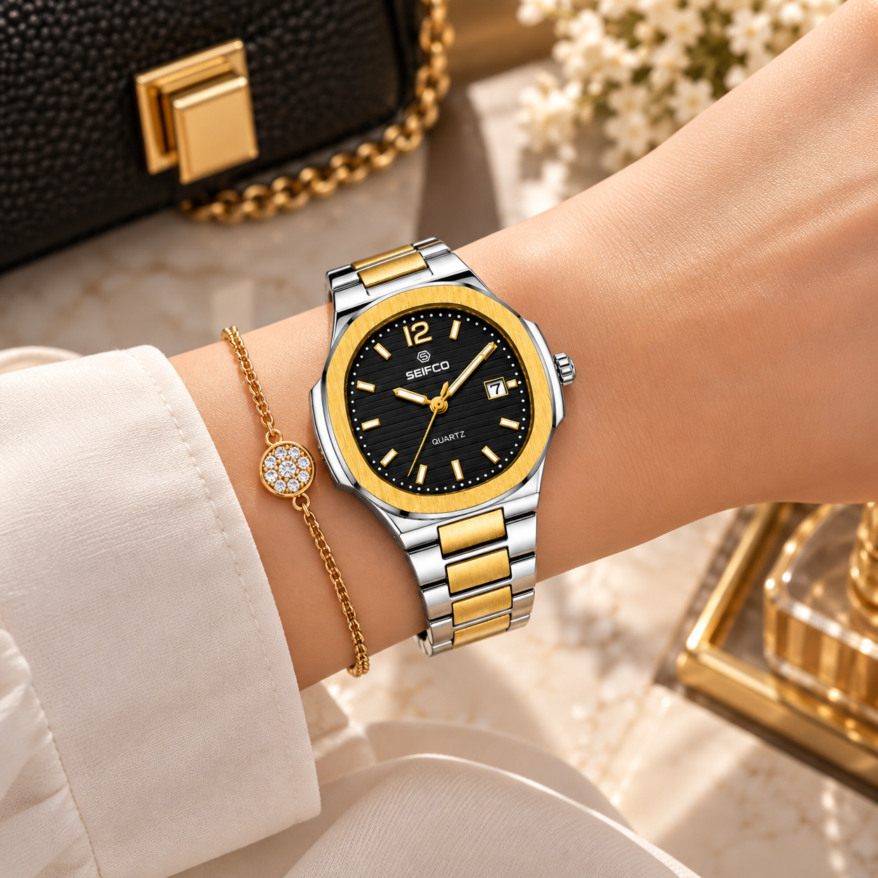SEIFCO Classic Women Stainless Steel Quartz Watch, Black Dial, Silver Gold - الصورة 2