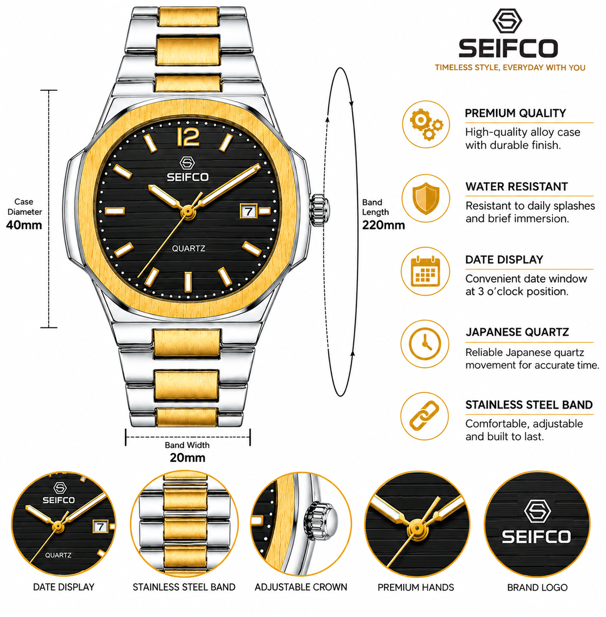 SEIFCO Classic Women Stainless Steel Quartz Watch, Black Dial, Silver Gold - الصورة 3