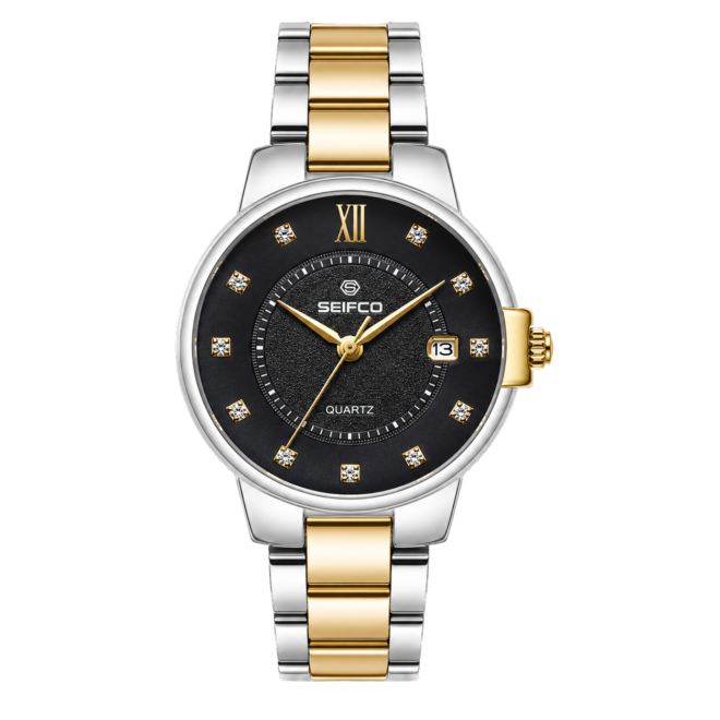 SEIFCO Classic Men's Stainless Steel Quartz Watch, Black Dial, Silver Gold