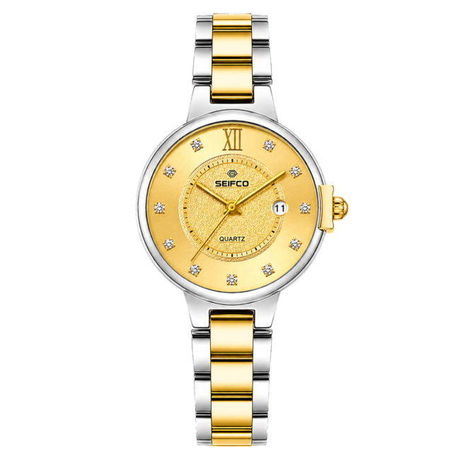 SEIFCO Classic women Stainless Steel Quartz Watch, Gold Dial, Silver Gold