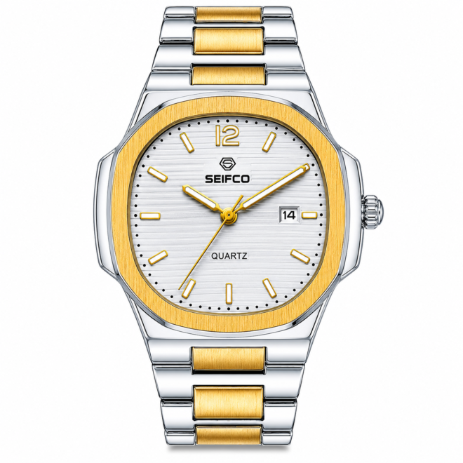 SEIFCO SF-D04GGSL Women Stainless Steel Analog Watch Quartz Movement Gold Dial Date Window Stainless Steel Bracelet 30M Water Resistant Classic Style - Silver Gold