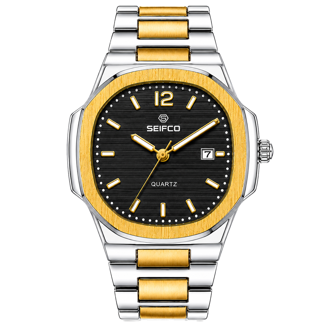 SEIFCO Classic Men's Stainless Steel Quartz Watch, Black Dial, Silver Gold