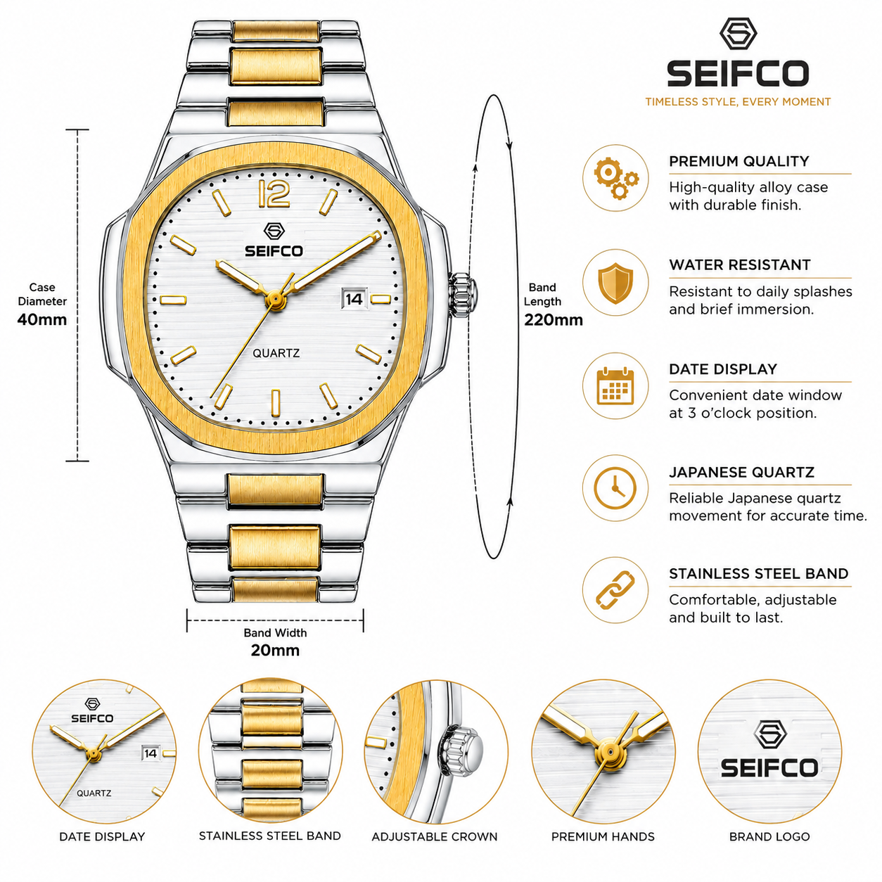 SEIFCO Classic Women Stainless Steel Quartz Watch, White Dial, Silver Gold - الصورة 2