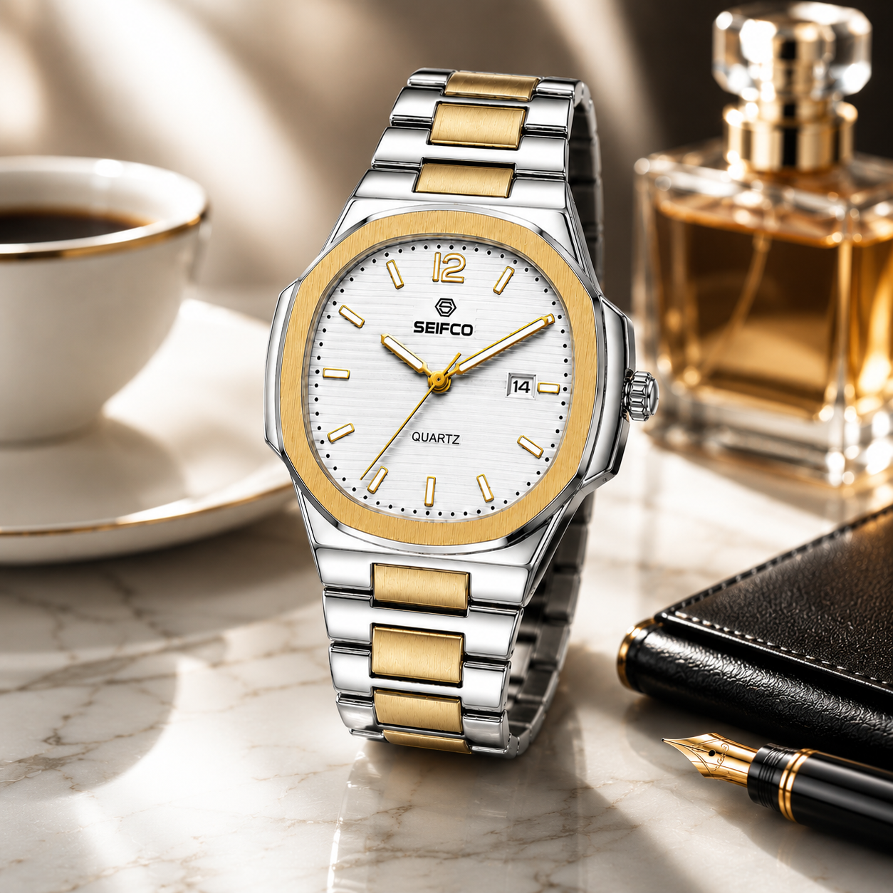 SEIFCO Classic Women Stainless Steel Quartz Watch, White Dial, Silver Gold - الصورة 3