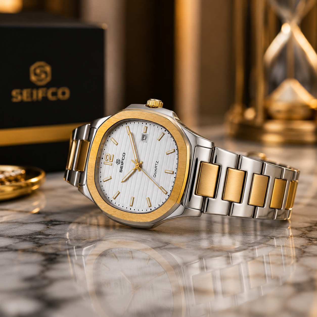 SEIFCO Classic Women Stainless Steel Quartz Watch, White Dial, Silver Gold - الصورة 5