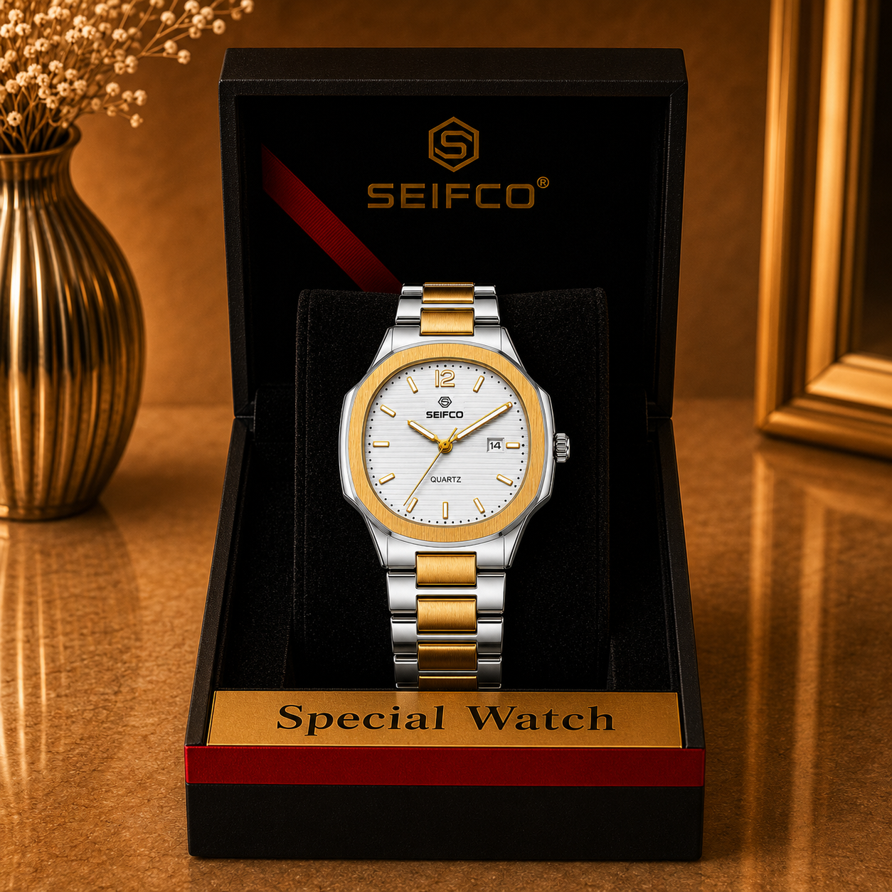 SEIFCO Classic Women Stainless Steel Quartz Watch, White Dial, Silver Gold - الصورة 4