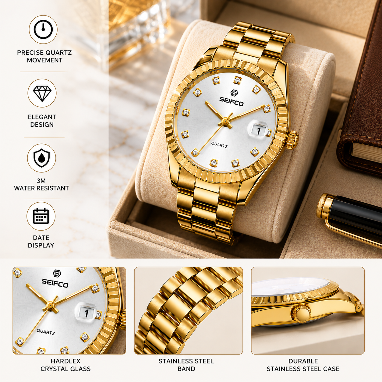 SEIFCO Classic Men's Stainless Steel Quartz Watch, White Dial, Gold - الصورة 5