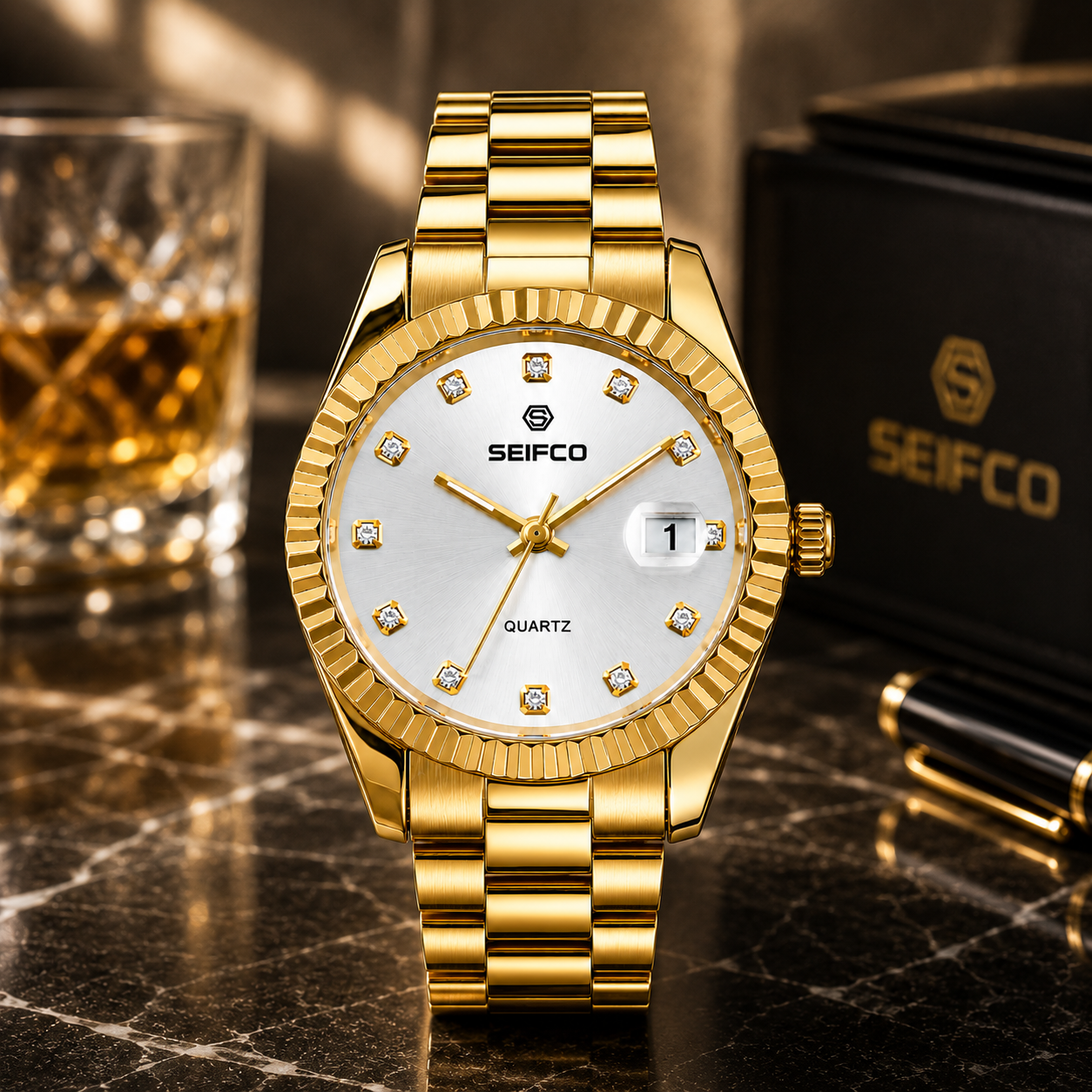 SEIFCO Classic Men's Stainless Steel Quartz Watch, White Dial, Gold - الصورة 3