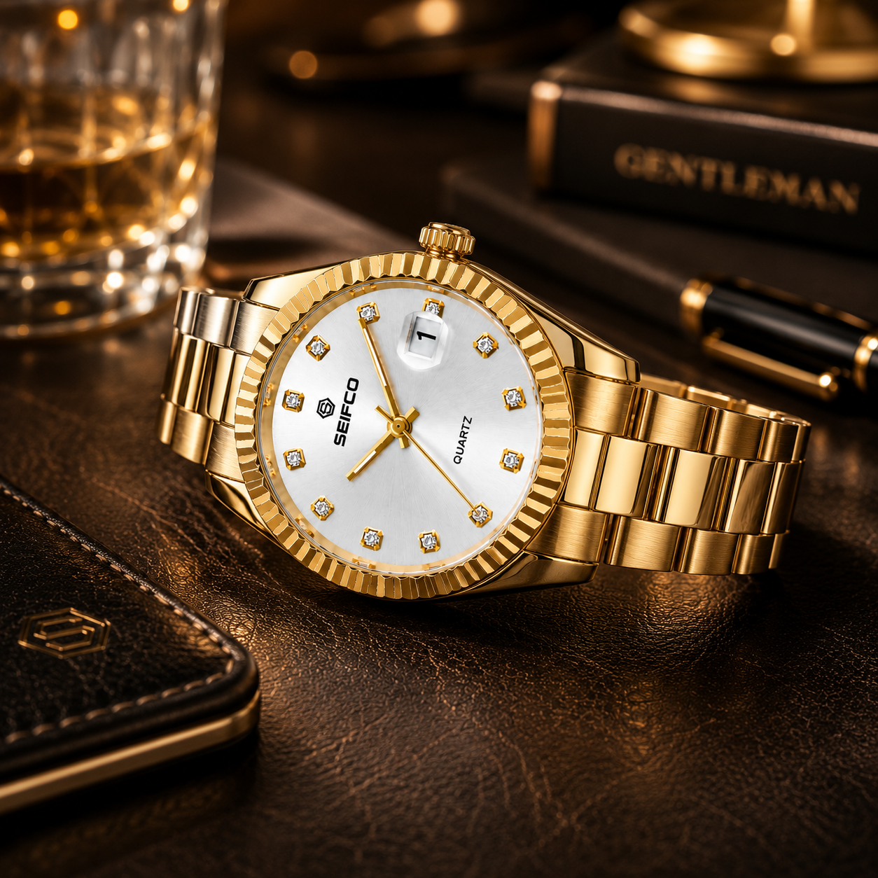 SEIFCO Classic Men's Stainless Steel Quartz Watch, White Dial, Gold - الصورة 4