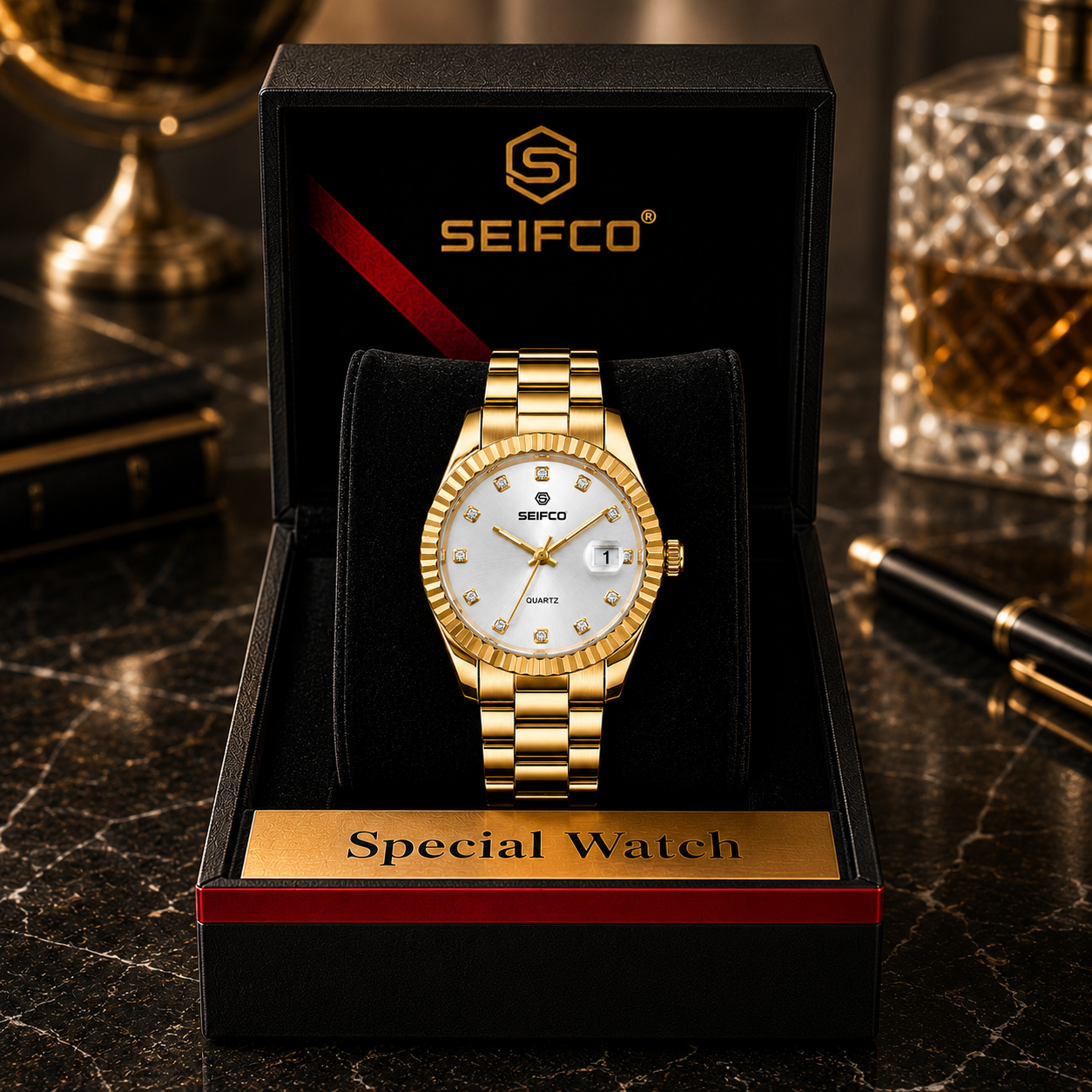 SEIFCO Classic Men's Stainless Steel Quartz Watch, White Dial, Gold - الصورة 2