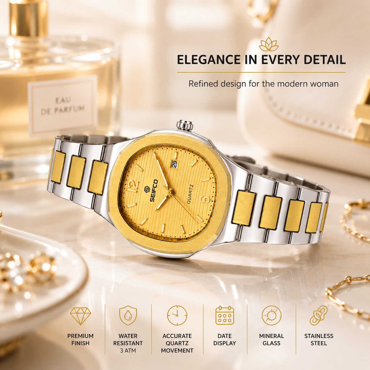 SEIFCO Classic Women Stainless Steel Quartz Watch, Gold Dial, Silver Gold - الصورة 2