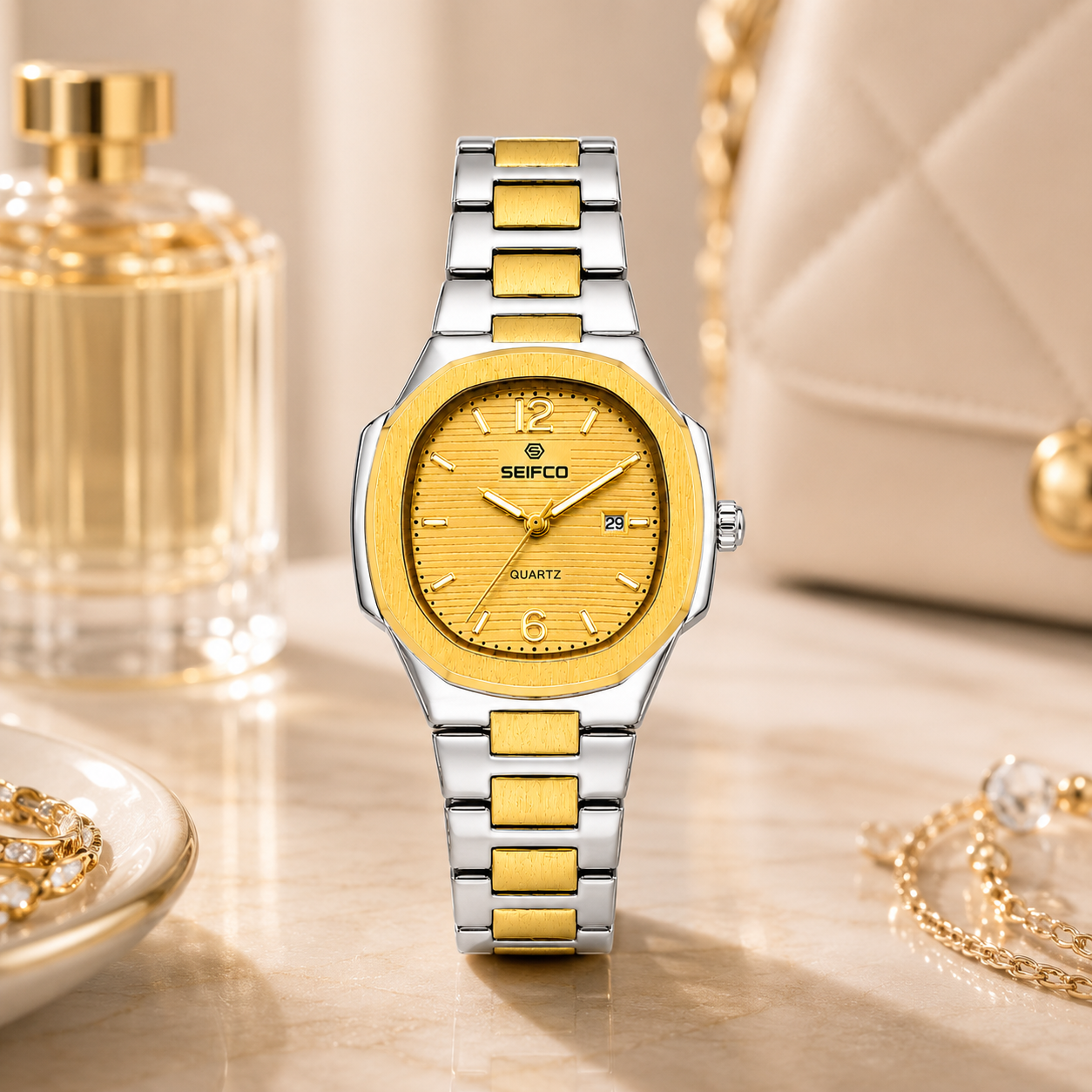 SEIFCO Classic Women Stainless Steel Quartz Watch, Gold Dial, Silver Gold - الصورة 4