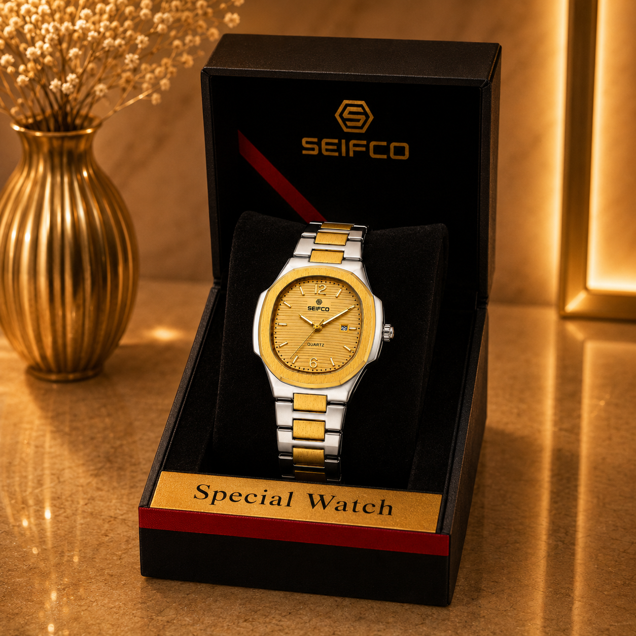 SEIFCO Classic Men's Stainless Steel Quartz Watch, Gold Dial, Silver Gold - الصورة 2