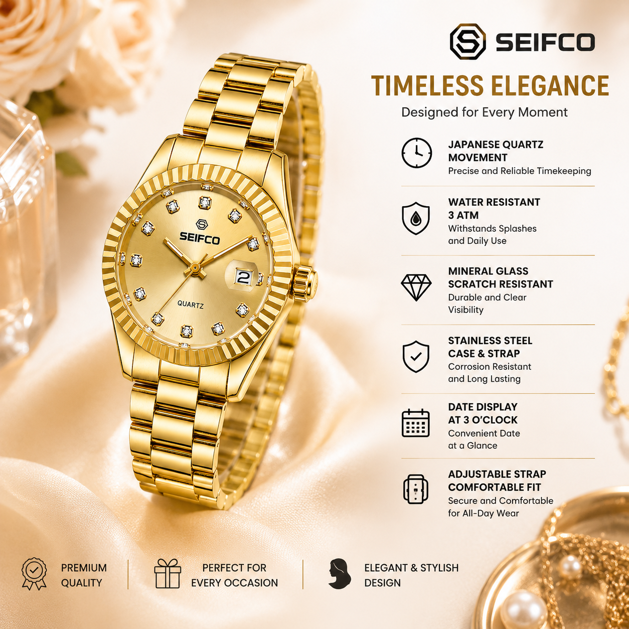 SEIFCO Classic Women Stainless Steel Quartz Watch, Gold Dial, Gold - الصورة 6