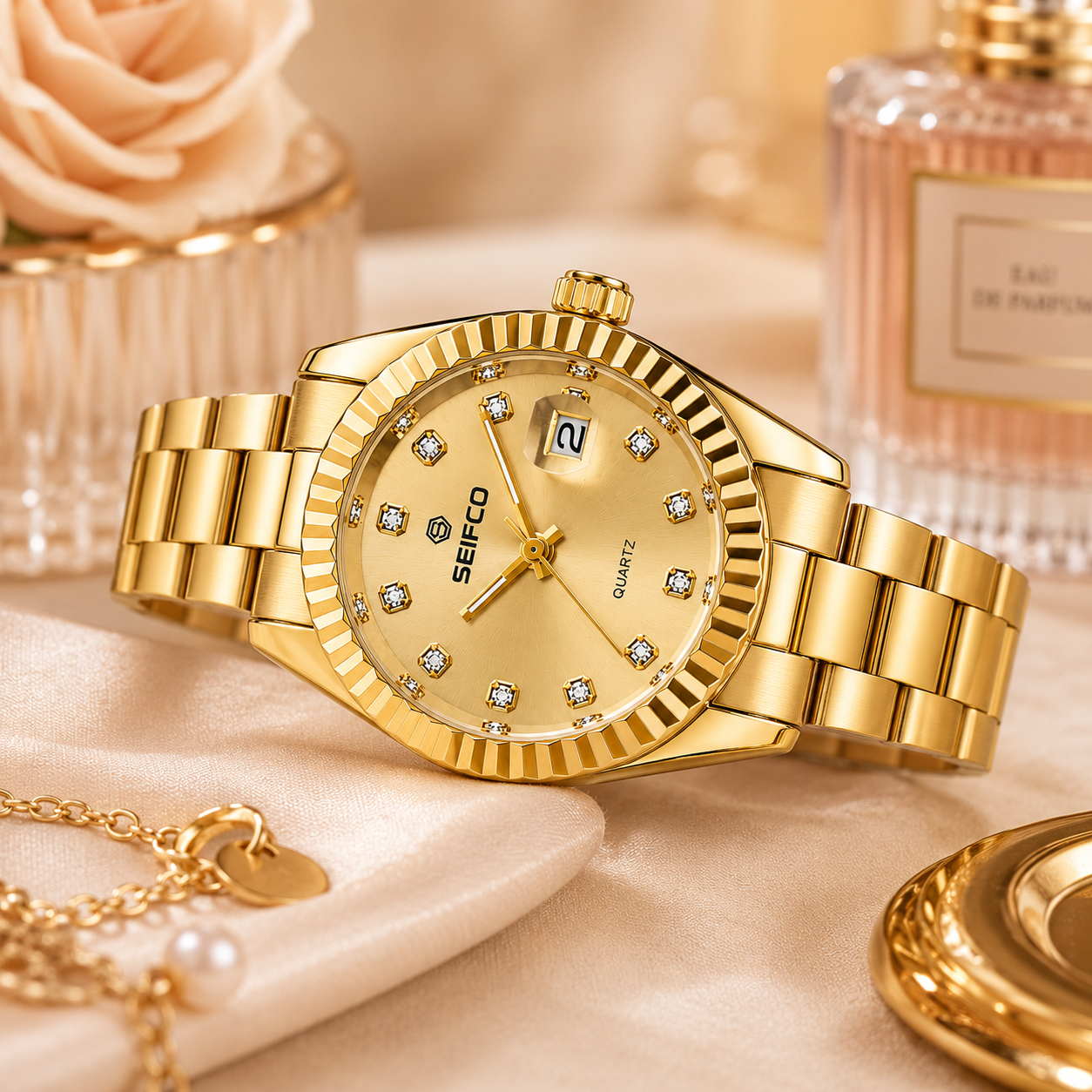 SEIFCO Classic Women Stainless Steel Quartz Watch, Gold Dial, Gold - الصورة 5
