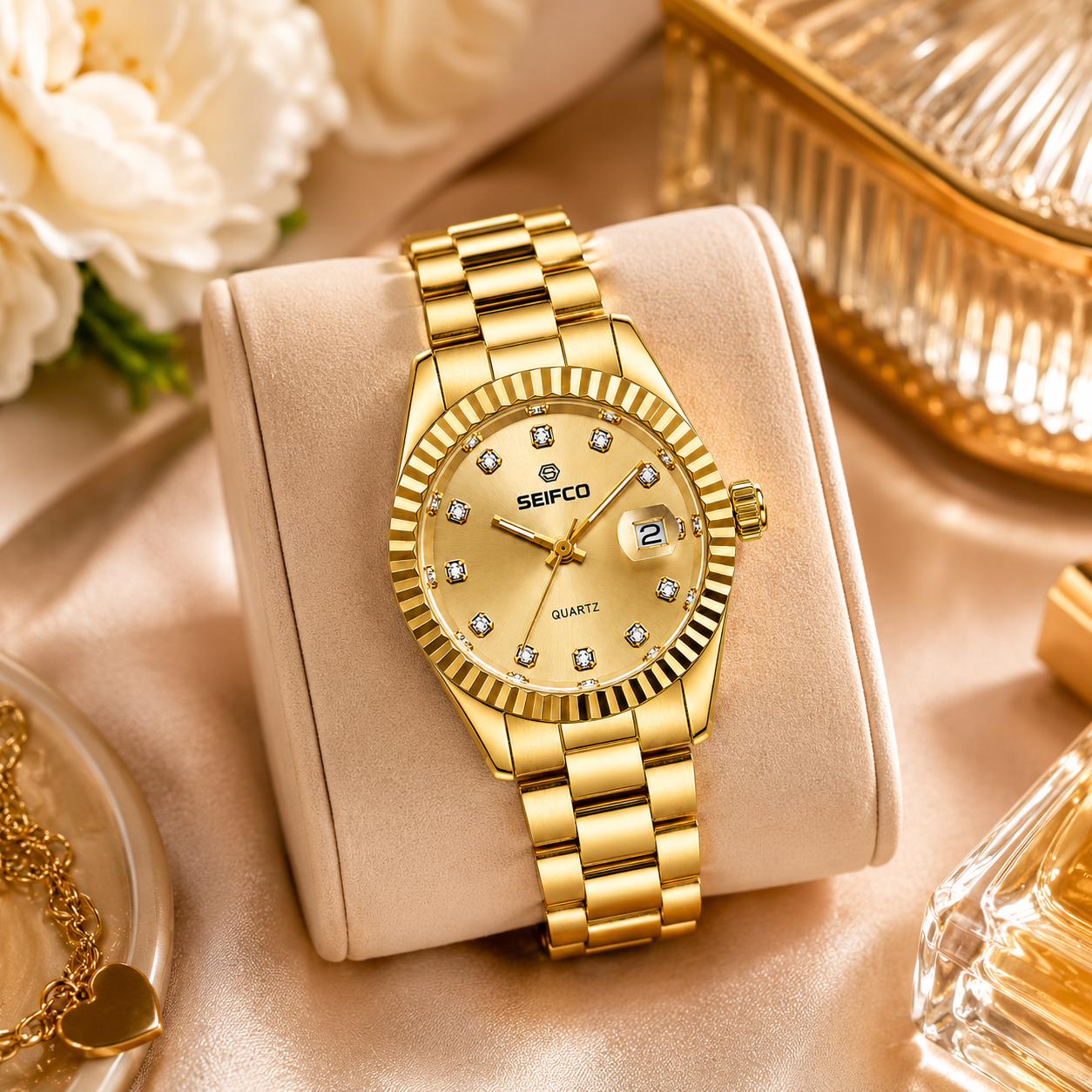 SEIFCO Classic Women Stainless Steel Quartz Watch, Gold Dial, Gold - الصورة 3