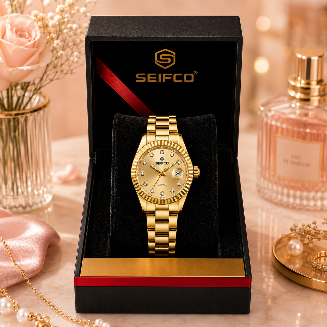 SEIFCO Classic Women Stainless Steel Quartz Watch, Gold Dial, Gold - الصورة 2