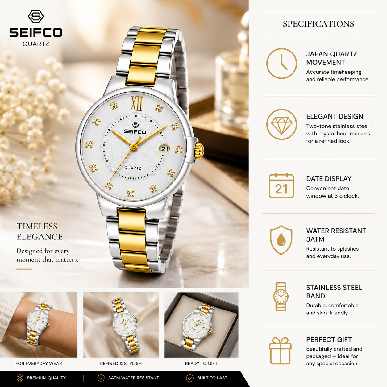 SEIFCO Classic women Stainless Steel Quartz Watch, White Dial, Silver Gold - الصورة 2