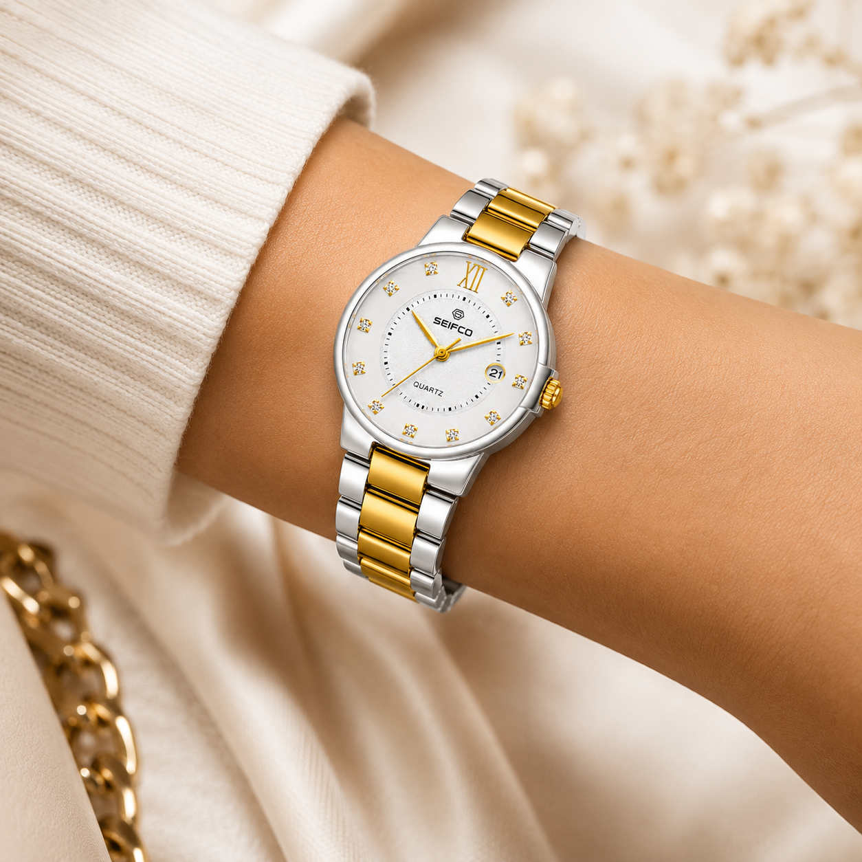 SEIFCO Classic women Stainless Steel Quartz Watch, White Dial, Silver Gold - الصورة 3