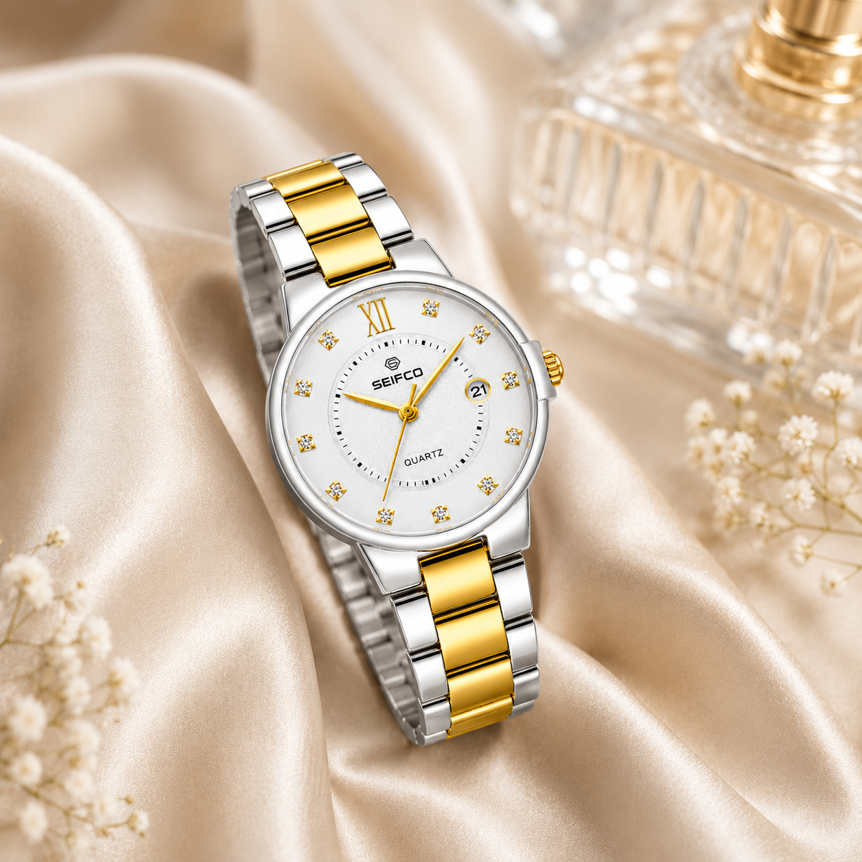 SEIFCO Classic women Stainless Steel Quartz Watch, White Dial, Silver Gold - الصورة 4