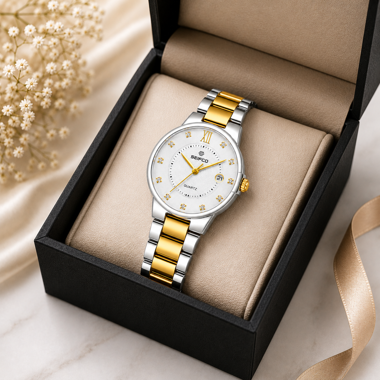 SEIFCO Classic women Stainless Steel Quartz Watch, White Dial, Silver Gold - الصورة 5
