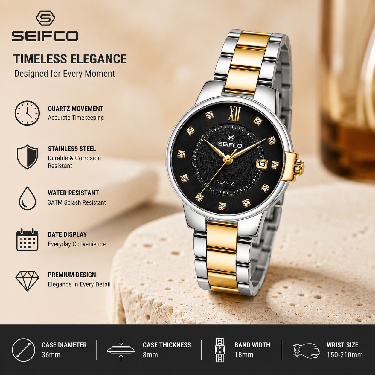 SEIFCO Classic Women Stainless Steel Quartz Watch, Black Dial, Silver Gold - الصورة 2