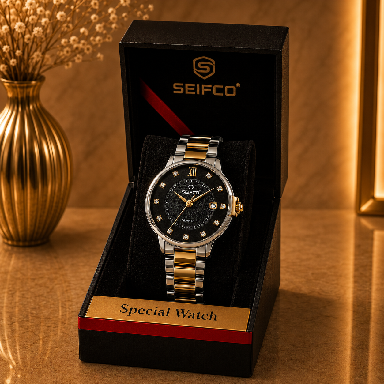 SEIFCO Classic Women Stainless Steel Quartz Watch, Black Dial, Silver Gold - الصورة 3