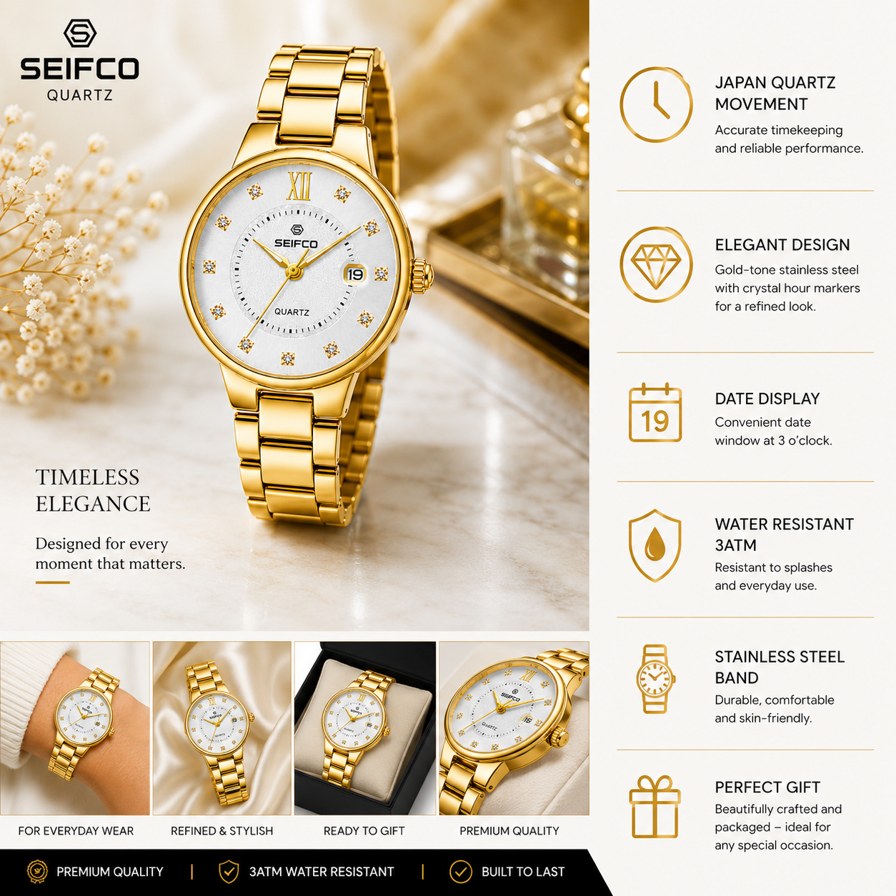SEIFCO Classic Women Stainless Steel Quartz Watch, White Dial, Gold - الصورة 5