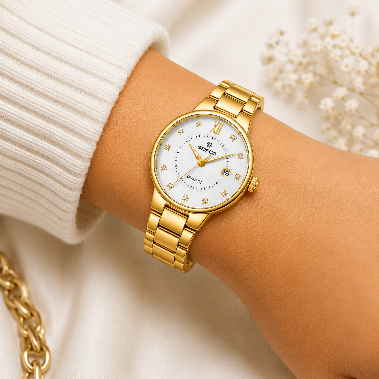 SEIFCO Classic Women Stainless Steel Quartz Watch, White Dial, Gold - الصورة 4