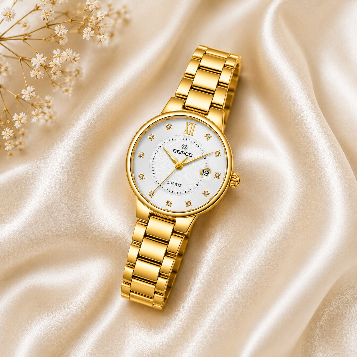 SEIFCO Classic Women Stainless Steel Quartz Watch, White Dial, Gold - الصورة 3