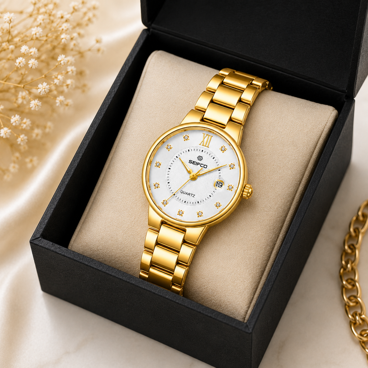 SEIFCO Classic Women Stainless Steel Quartz Watch, White Dial, Gold - الصورة 2