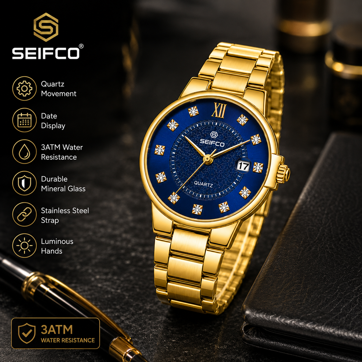 SEIFCO Classic Men's Stainless Steel Quartz Watch, Blue Dial, Gold - الصورة 5