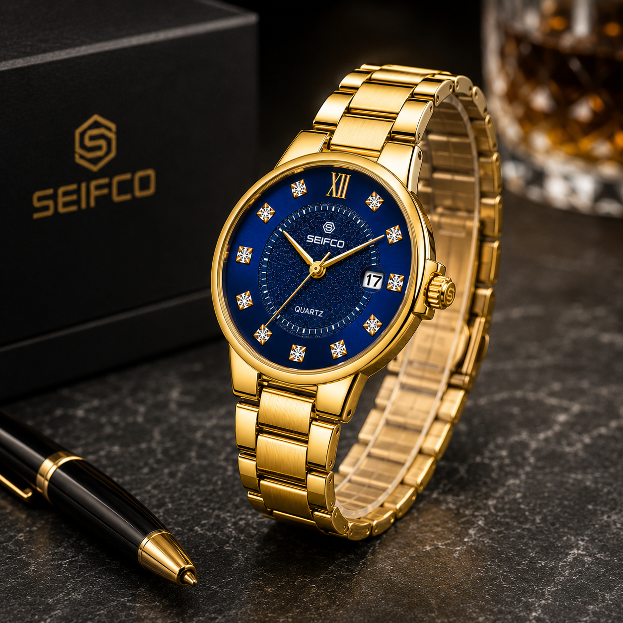 SEIFCO Classic Men's Stainless Steel Quartz Watch, Blue Dial, Gold - الصورة 4