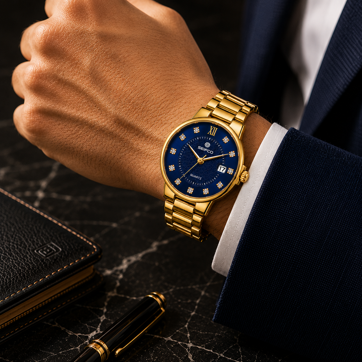 SEIFCO Classic Men's Stainless Steel Quartz Watch, Blue Dial, Gold - الصورة 3