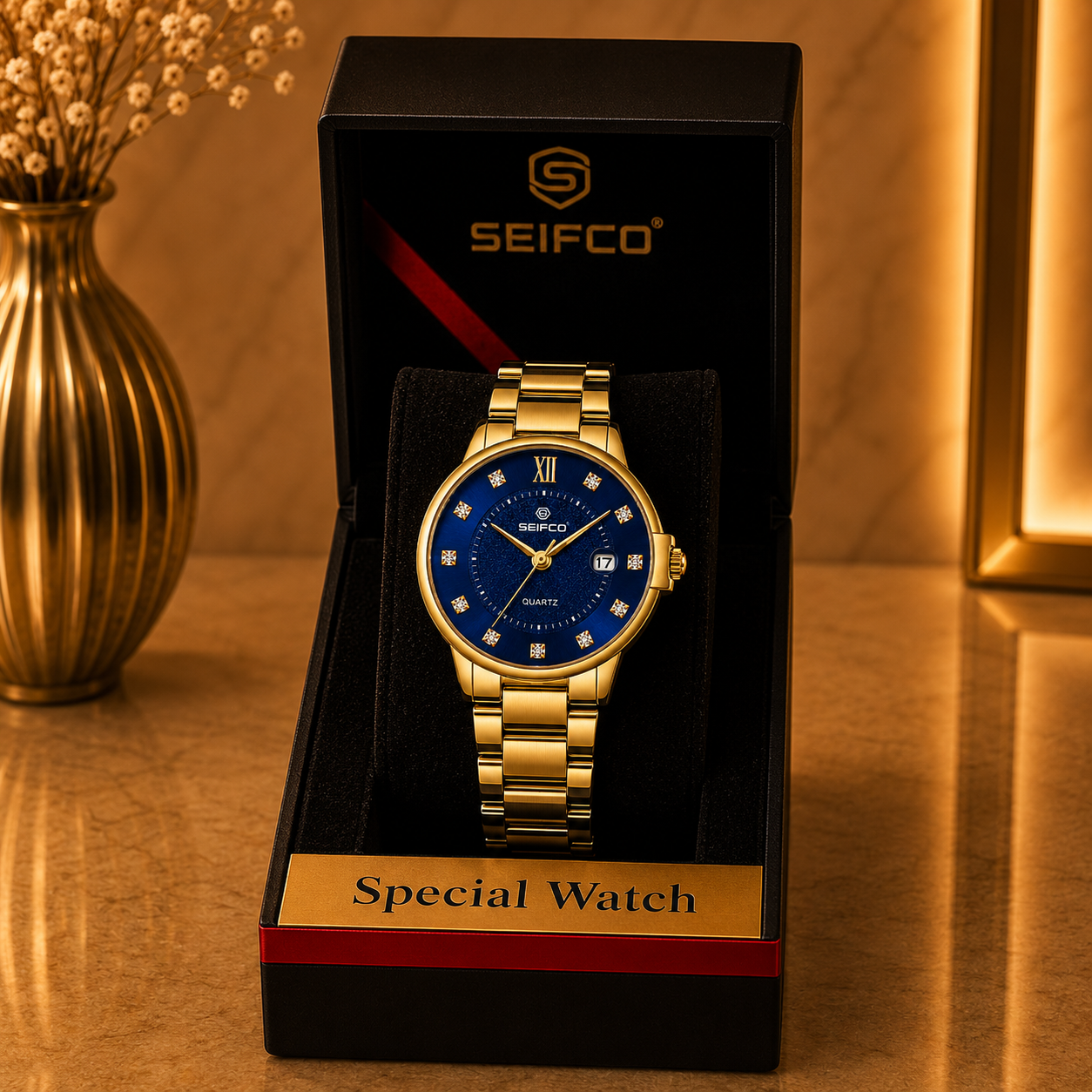 SEIFCO Classic Men's Stainless Steel Quartz Watch, Blue Dial, Gold - الصورة 2