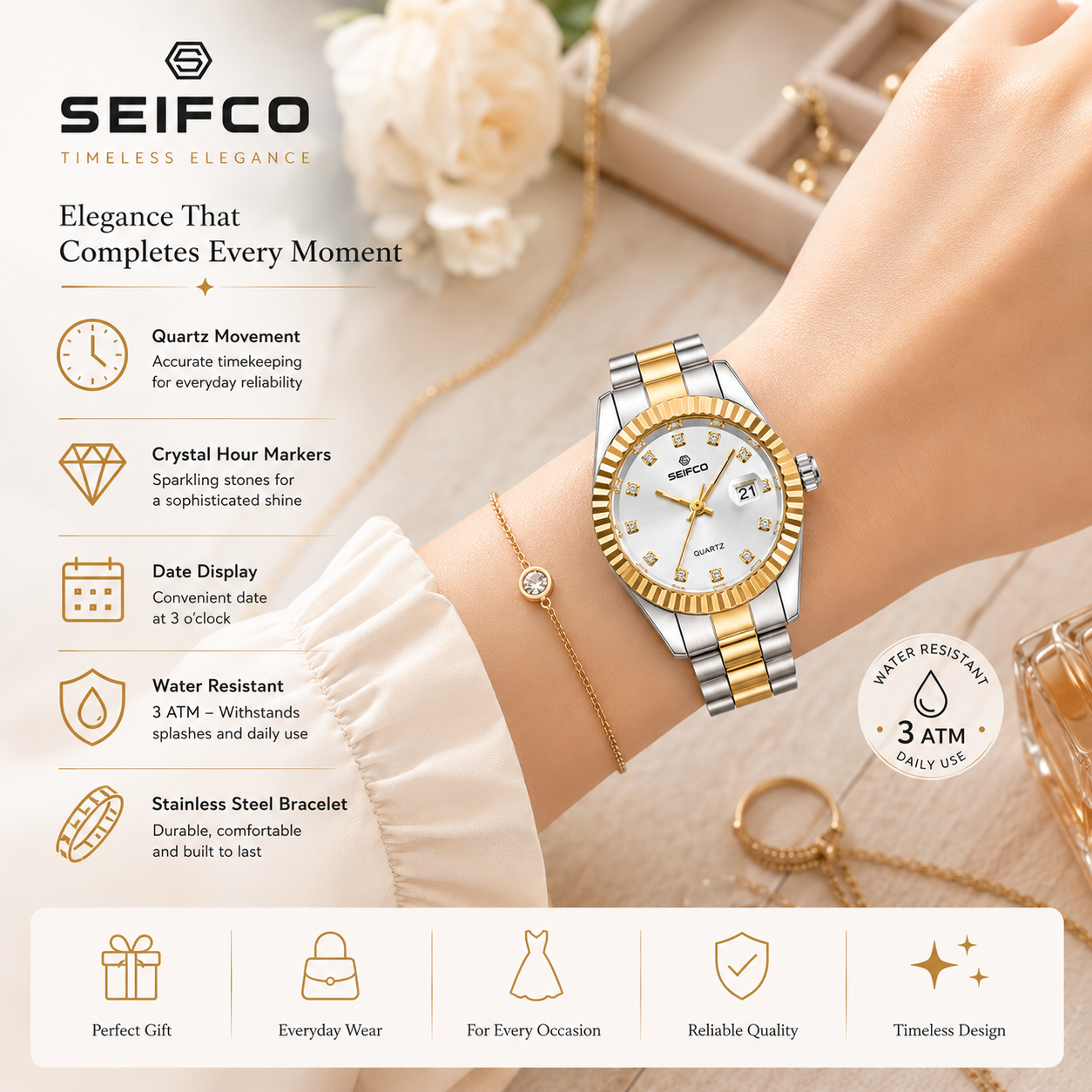 SEIFCO Classic Women Stainless Steel Quartz Watch, White Dial, Silver Gold - الصورة 5
