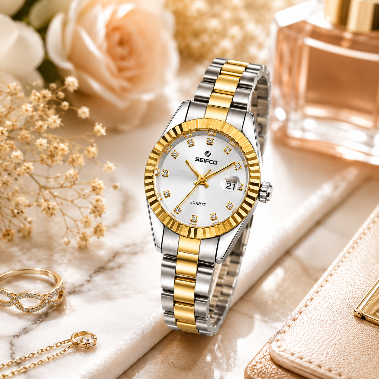 SEIFCO Classic Women Stainless Steel Quartz Watch, White Dial, Silver Gold - الصورة 4