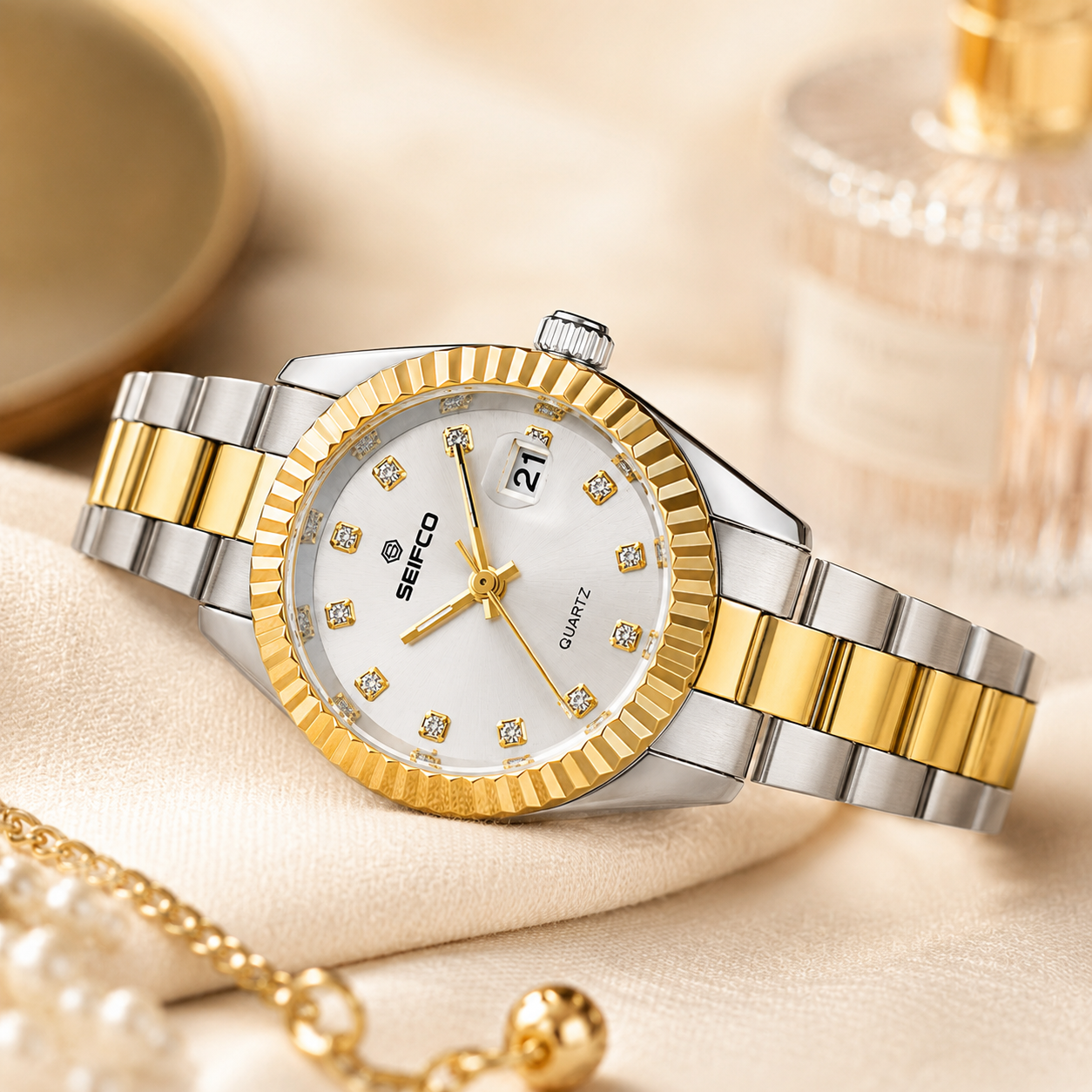 SEIFCO Classic Women Stainless Steel Quartz Watch, White Dial, Silver Gold - الصورة 2