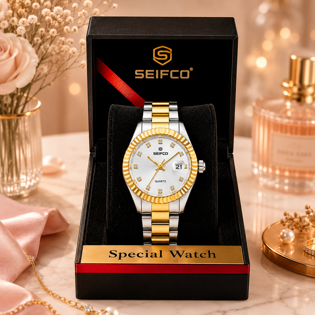 SEIFCO Classic Women Stainless Steel Quartz Watch, White Dial, Silver Gold - الصورة 3