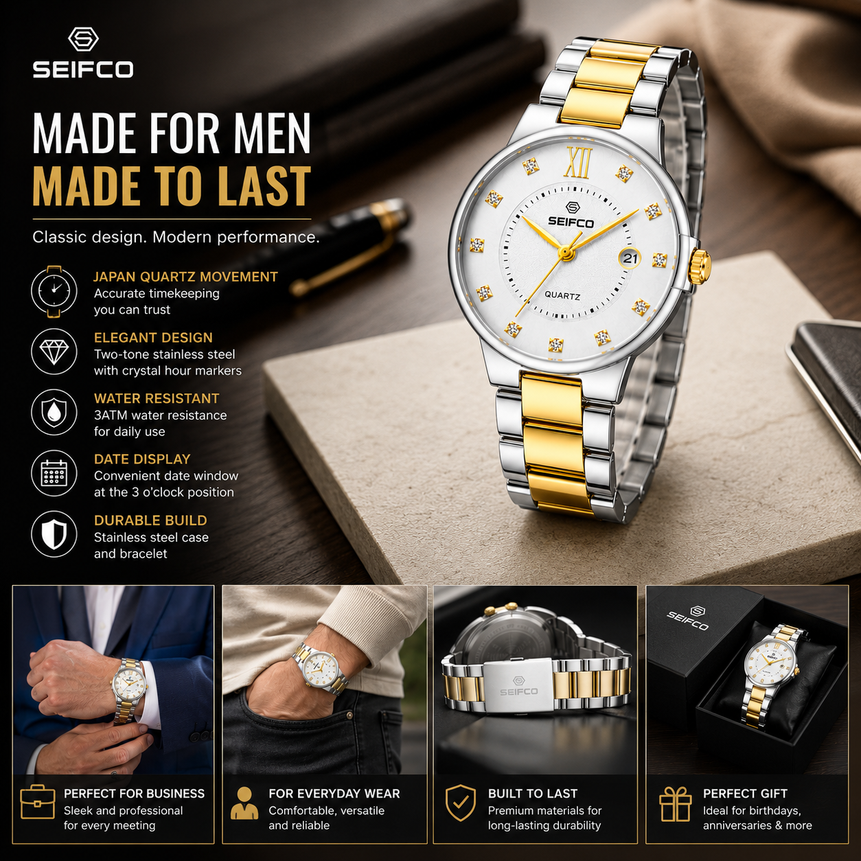 SEIFCO Classic Men's Stainless Steel Quartz Watch, White Dial, Silver Gold - الصورة 5