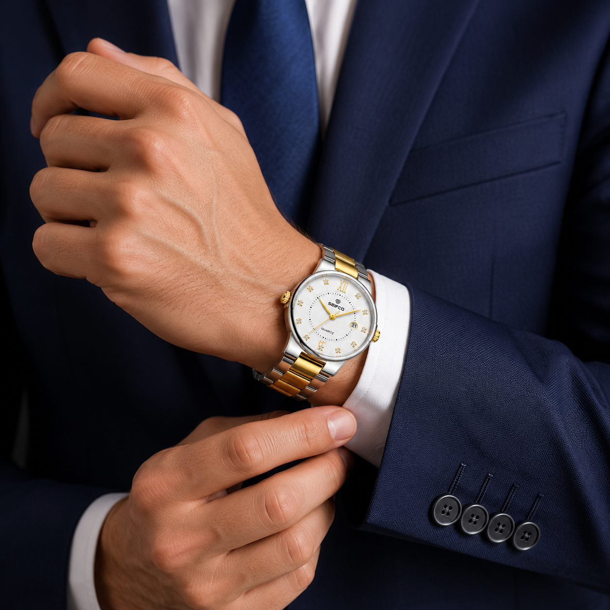 SEIFCO Classic Men's Stainless Steel Quartz Watch, White Dial, Silver Gold - الصورة 4