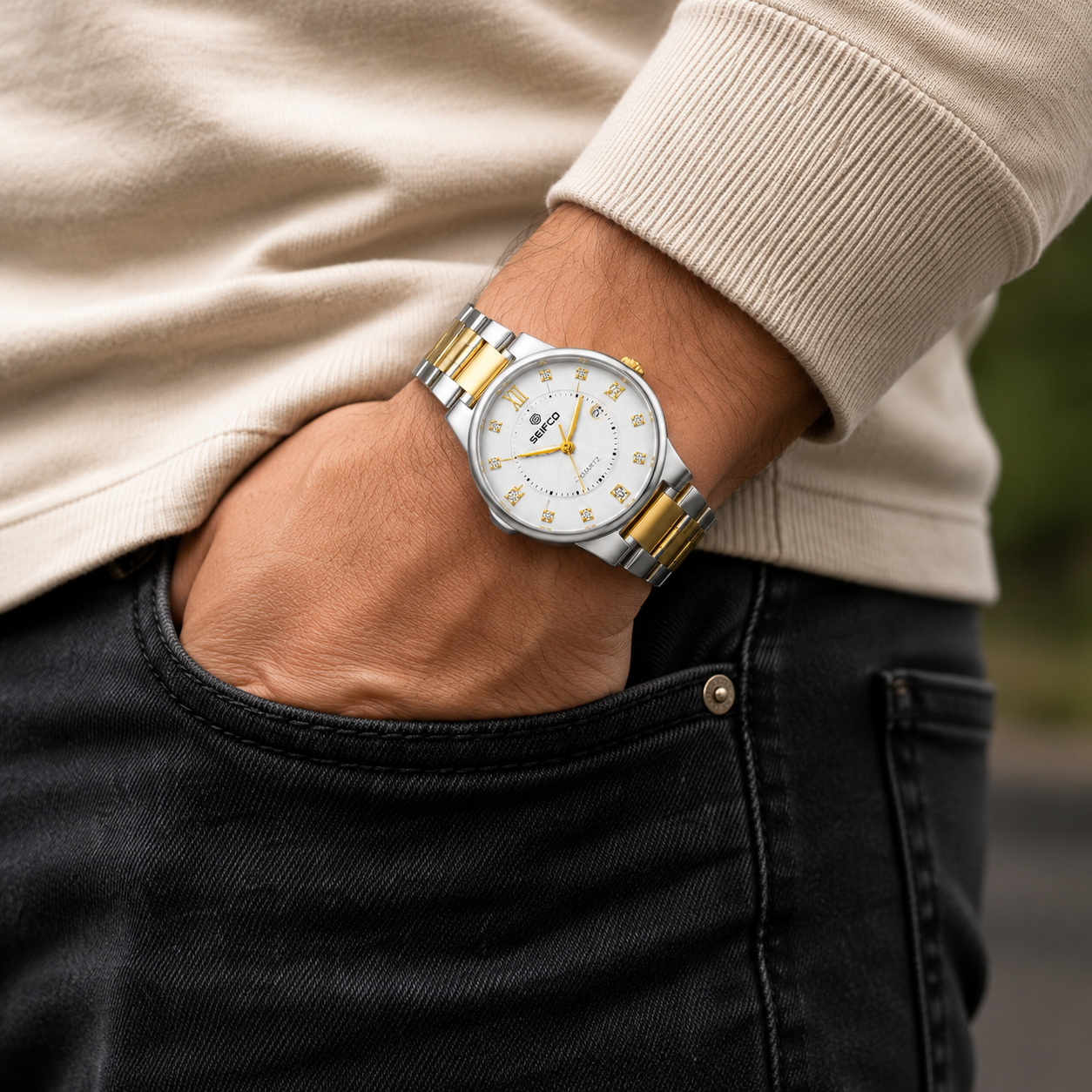 SEIFCO Classic Men's Stainless Steel Quartz Watch, White Dial, Silver Gold - الصورة 3