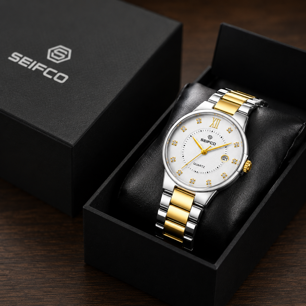 SEIFCO Classic Men's Stainless Steel Quartz Watch, White Dial, Silver Gold - الصورة 2