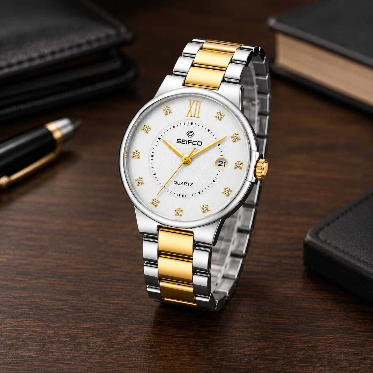 SEIFCO Classic Men's Stainless Steel Quartz Watch, White Dial, Silver Gold - الصورة 6