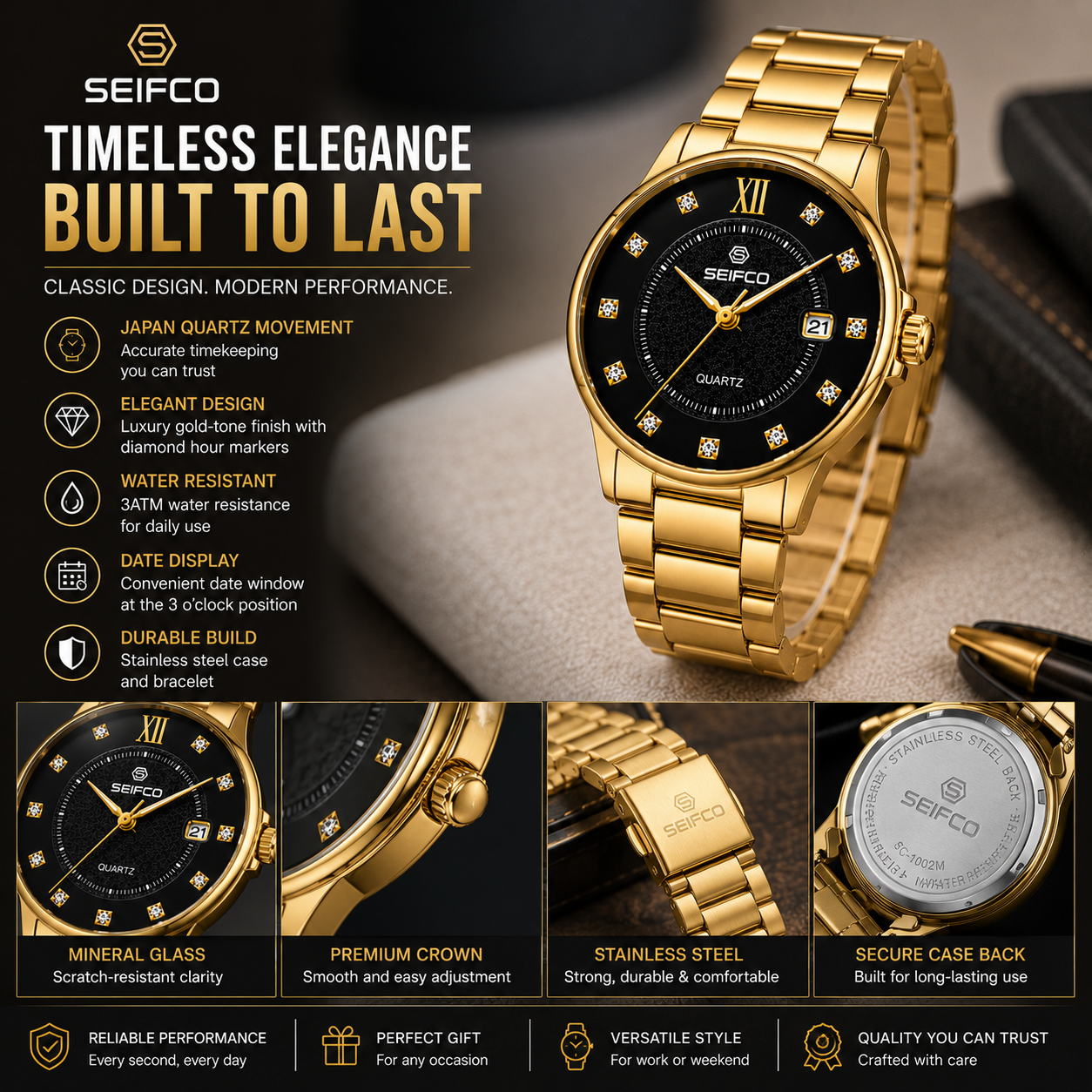 SEIFCO Classic Men's Stainless Steel Quartz Watch, Black Dial, Gold - الصورة 2