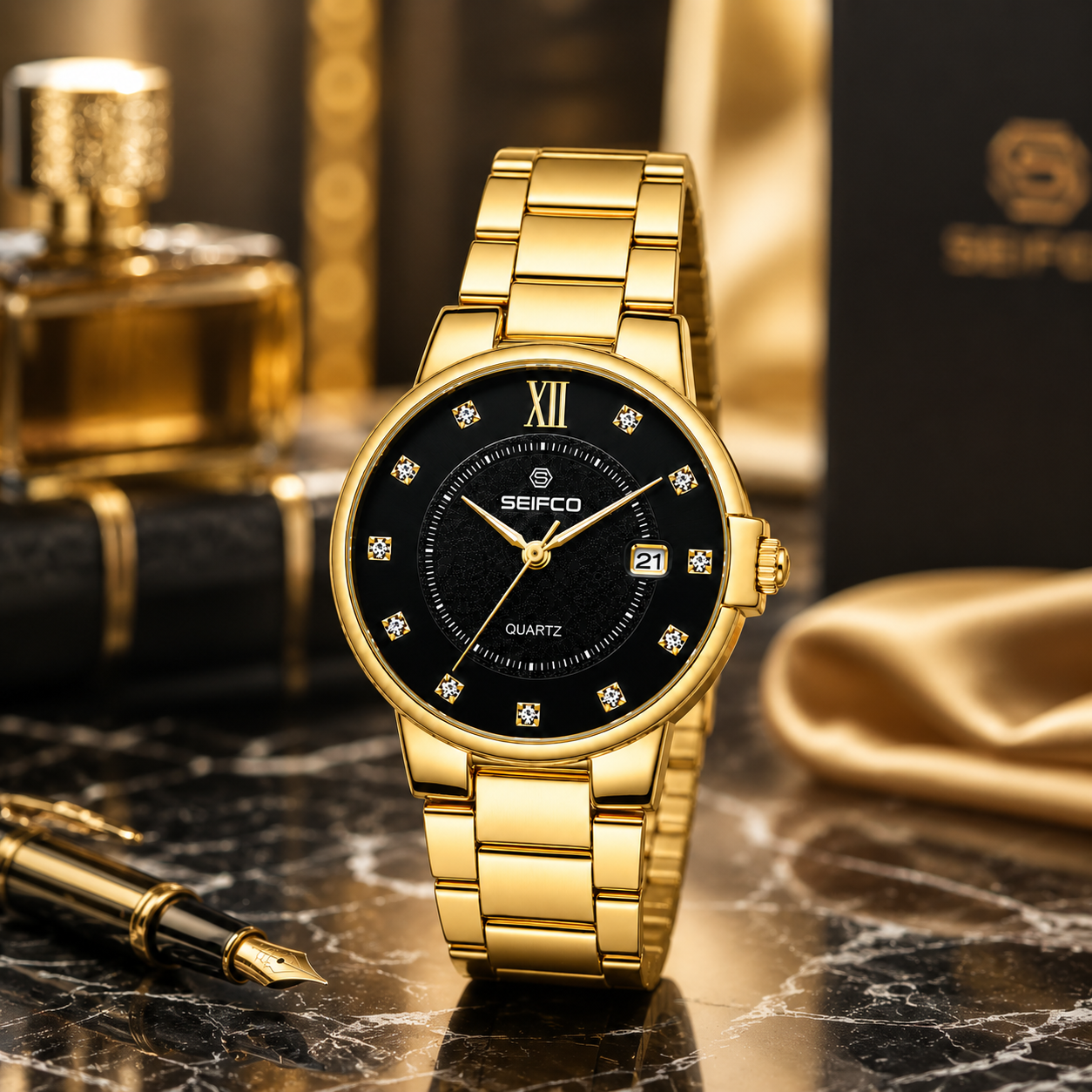 SEIFCO Classic Men's Stainless Steel Quartz Watch, Black Dial, Gold - الصورة 3