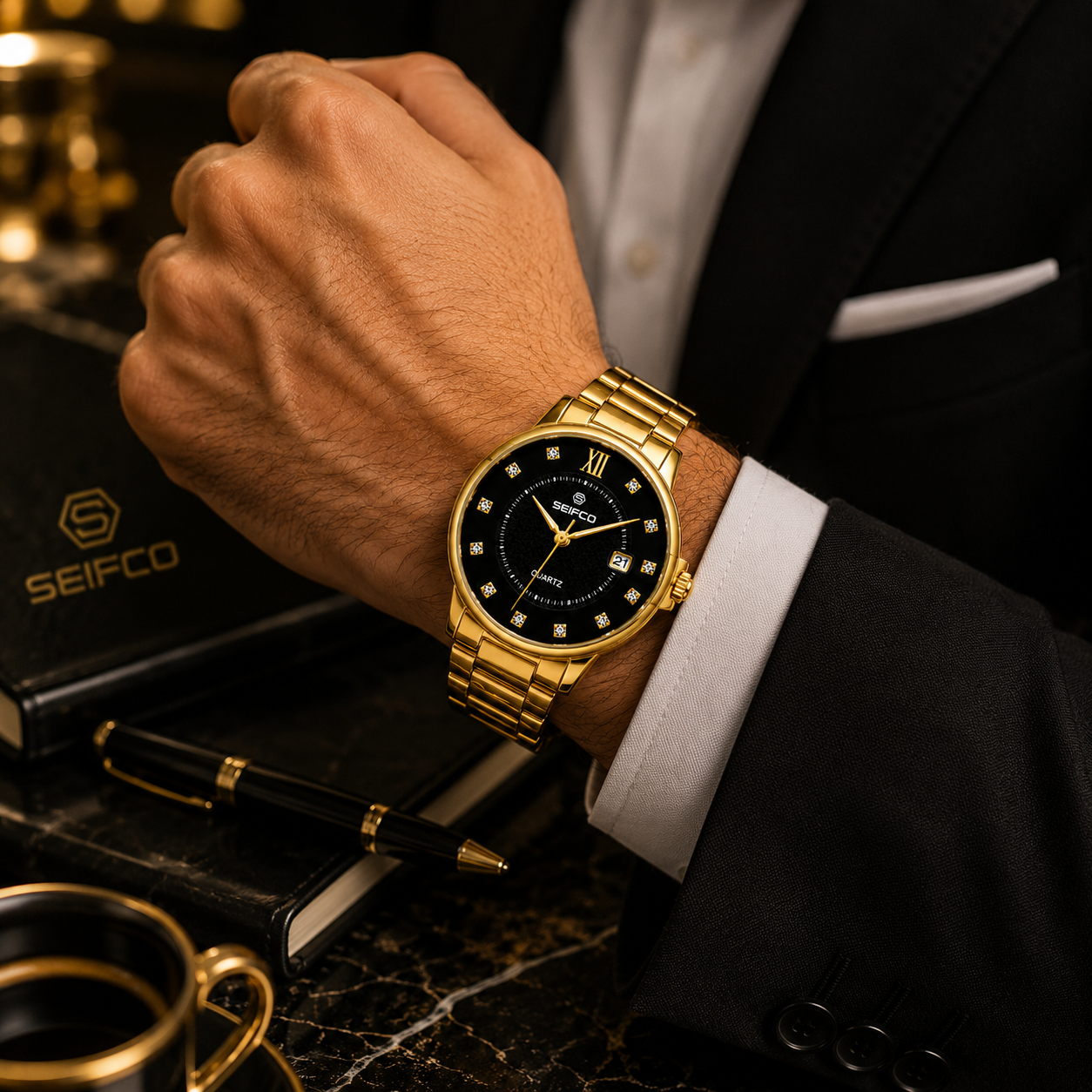 SEIFCO Classic Men's Stainless Steel Quartz Watch, Black Dial, Gold - الصورة 4
